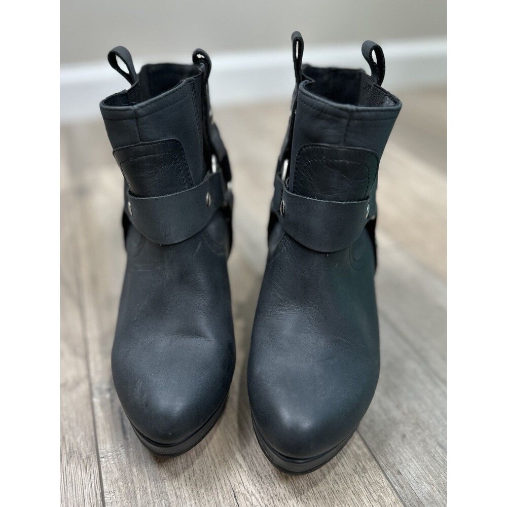 Topshop Women’s Black Harness Ankle Boots Size 8.5 Block Heel Made in Spain